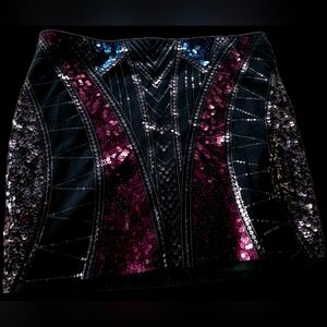 Express Black, Silver and Purple Sequin Mini Skirt